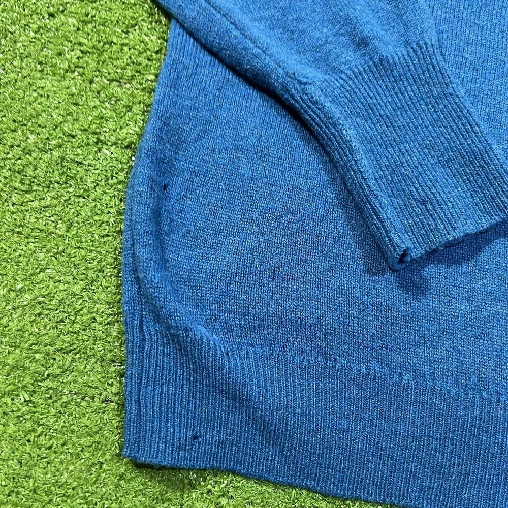 Vintage 50s Designer Sweater LG Lambs Wool Sweater Teal Blue Henley House Flaw